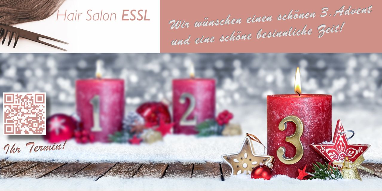 Ein Poster zeigt drei pinke Kerzen mit den Nummern eins, zwei und drei, einem Sternornament und einer roten Kugel im Vordergrund. Der Hintergrund ist verschwommen mit Winterelementen. Oben steht Salon ESSL und Wir wünschen einen schönen Weihnachtsabend.
