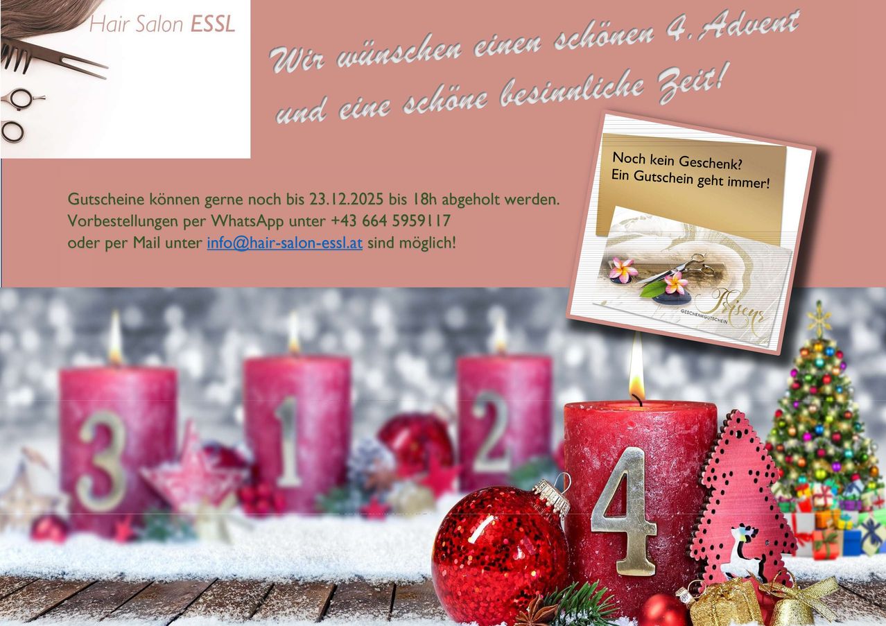 Ein Plakat mit Kerzen und Weihnachtsdekoration, einschließlich einer Kerze mit der Nummer 4. Das Plakat bietet Geschenkgutscheine und Reservierungen bis zum 23.12.2025 um 18 Uhr an. Kontaktinformationen sind angegeben.