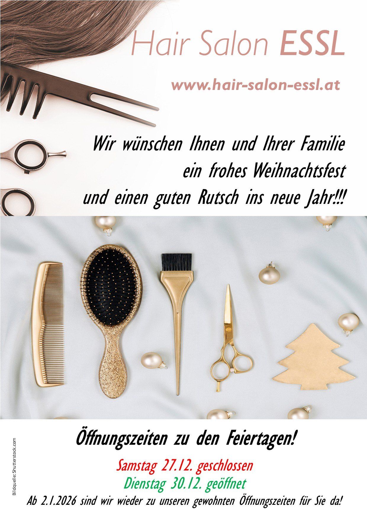 Das Bild zeigt eine festliche Weihnachtsbotschaft eines Friseursalons mit Schönheitswerkzeugen und Ornamenten. Der Text wünscht ein frohes Weihnachtsfest und einen guten Start ins neue Jahr. Unten sind weitere Schönheitswerkzeuge zu sehen.