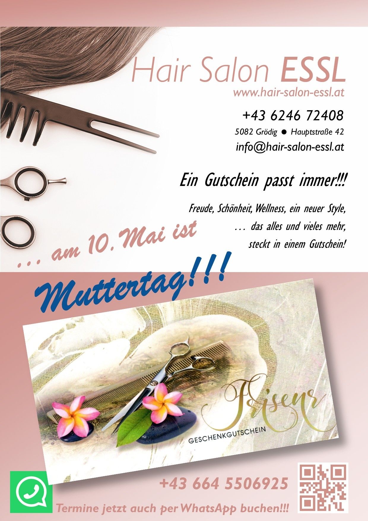 Hair salon advertisement with scissors, comb, and flowers. A voucher is always a good idea. On Mother's Day, give joy, beauty, wellness, and a new style.