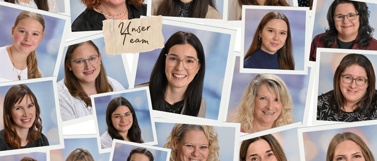 Eine Collage lächelnder Frauen, jeweils in einem anderen Rahmen. Die zentrale Beschriftung lautet 'Unser Team'. Die Frauen sind in verschiedenen Outfits gekleidet, einige tragen Brillen und Accessoires.