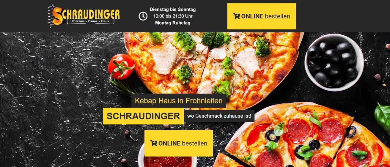 Werbung für Kebab Haus in Frohleiten. Die Pizza hat Hähnchen, Brokkoli und Tomaten. Der Text lautet 'Kebab Haus in Frohleiten, wo Geschmack zu Hause ist!'. Online bestellen.