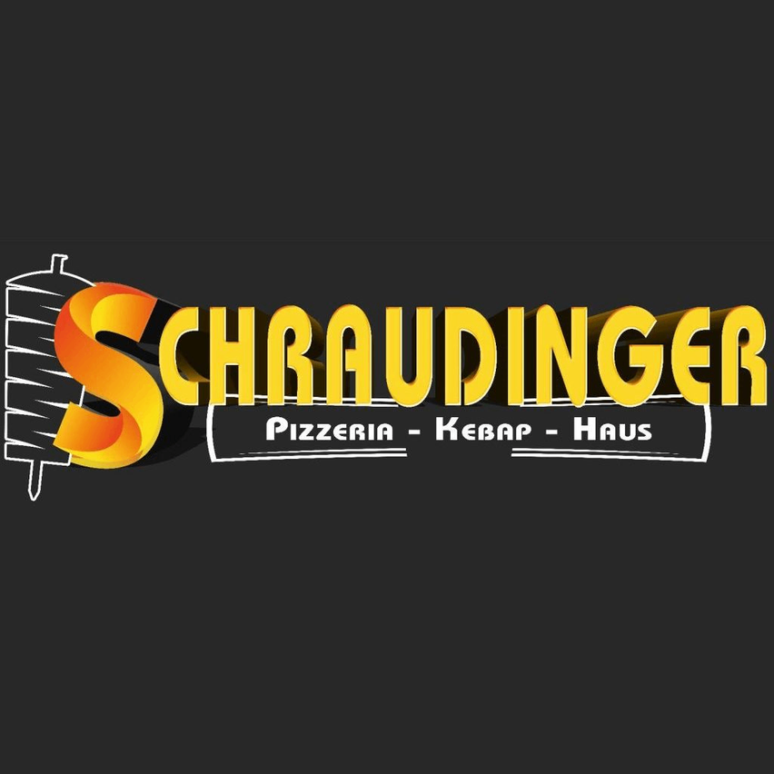 Ein Logo für 'Schraudinger' mit einer stilisierten Wurst, darunter der Text 'Pizzeria - Kebab - Haus' in Gelb auf schwarzem Hintergrund.