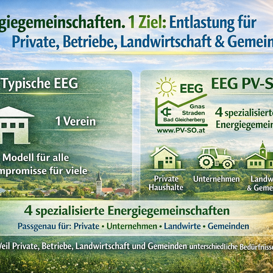 Ein Werbeplakat für vier spezialisierte Energiegenossenschaften, angepasst an die Bedürfnisse von Privathaushalten, Unternehmen, Landwirten und Gemeinden. Es betont die einzigartigen Anforderungen jeder Gruppe.