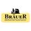 Bräuer Mühlviertler Naturbäcker-Logo. Logo für Brauer, eine Marke für Naturrucksäcke, zeigt einen Mann in traditioneller Kleidung und ein Haus auf gelbem Hintergrund.