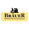 Logo for Brauer, a brand associated with natural backpacks, featuring a man in traditional garb and a house on a yellow background.