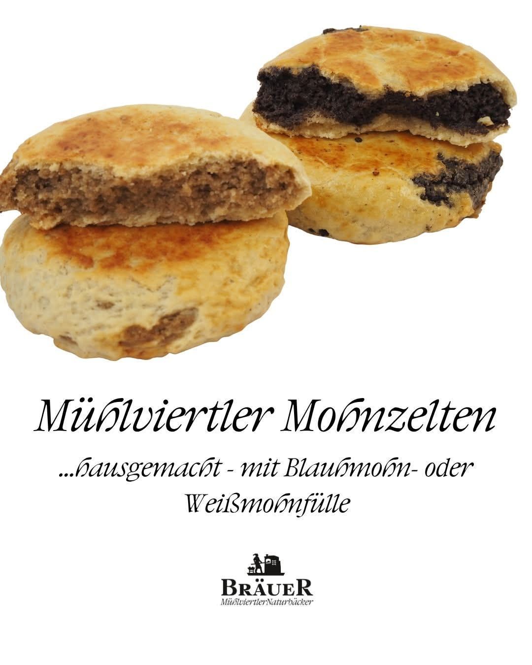 Two homemade poppy seed rolls stacked on top of each other with one cut open to show the filling. The image also features the brand name 'BRAUER' and a description in German.