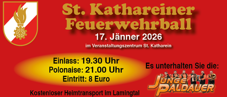 Ein Plakat für den St. Kathrein Feuerwerksball am 17. Januar 2026. Eintritt um 19:30, Polonaise um 21:00, Eintritt 8 Euro. Kostenloser Helmtransport in Lammingtal.
