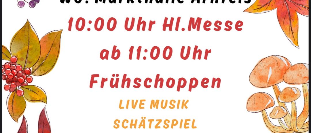 Plakat für Landjugend Arnfels am 19. Oktober 2025. Vormittagsmesse um 10:00 Uhr, danach Flohmarkt bis 11:00 Uhr. Live-Musik, Schatzsuche, Essen und Trinken, Kinderprogramm. Trio Steirisch-Live.