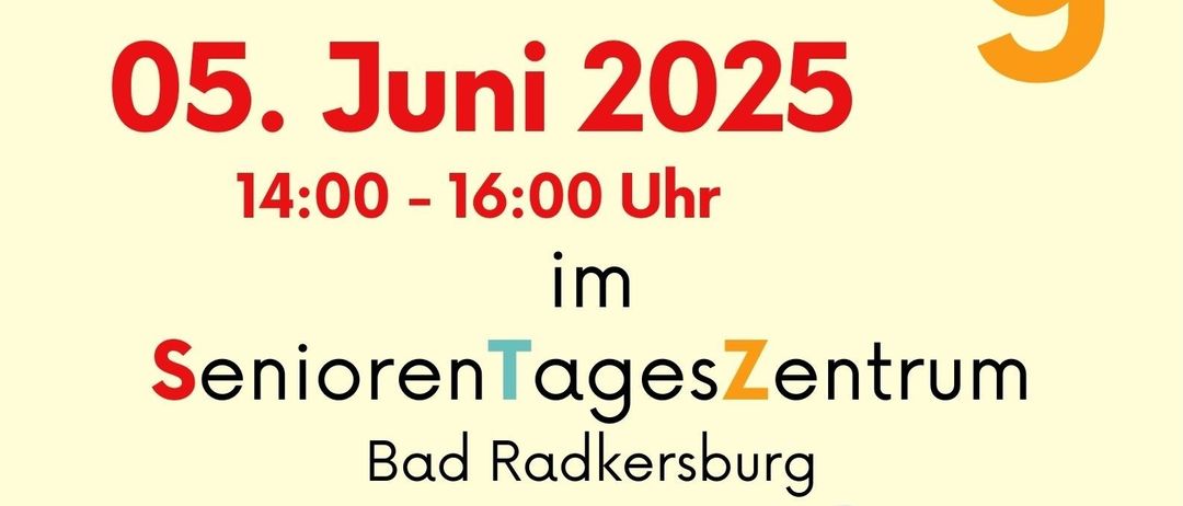 Plakat für einen Seniorennachmittag am 5. Juni 2025 von 14:00 bis 16:00 Uhr im SeniorenTagesZentrum Bad Radkersburg. Die Veranstaltung beinhaltet Himmels-TukTuk.