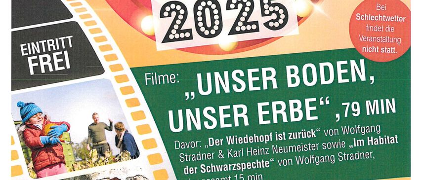 Plakat für eine kostenlose Freiluft-Filmvorführung im Jahr 2025. Es zeigt einen Film mit dem Titel 'Unser Boden, Unser Erbe'. Die Veranstaltung findet am 6. August 2025 um 20:15 Uhr in Bad Radkersburg statt.