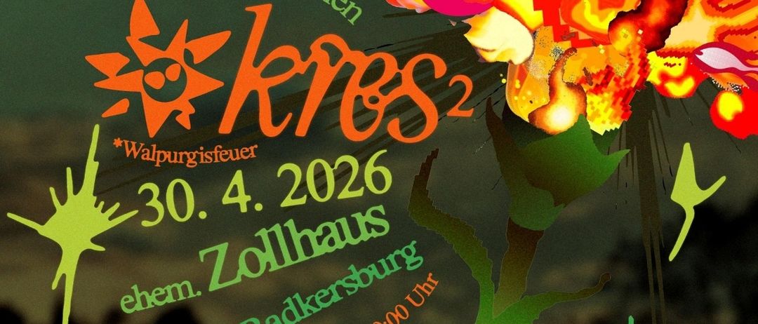 Werbeplakat für die Ausstellung junger Digitalkünstler. Eröffnung am 30. April 2026 im Zollhaus. Mit leuchtender Blume und flammendem Design.
