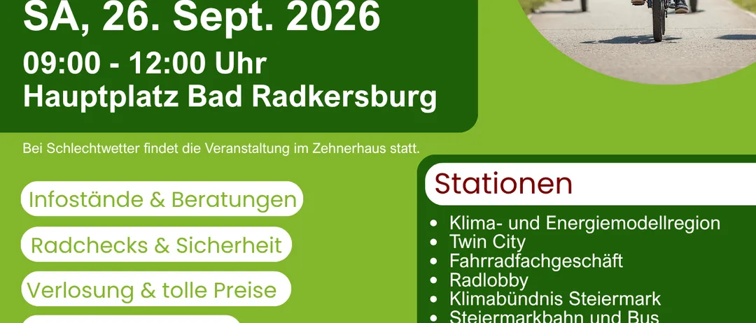 Plakat für den Mobilitätstag am 26. September 2026 mit Kindern auf Fahrrädern, Informationen zu Aktivitäten, Stationen und einem Fahrradmarkt.