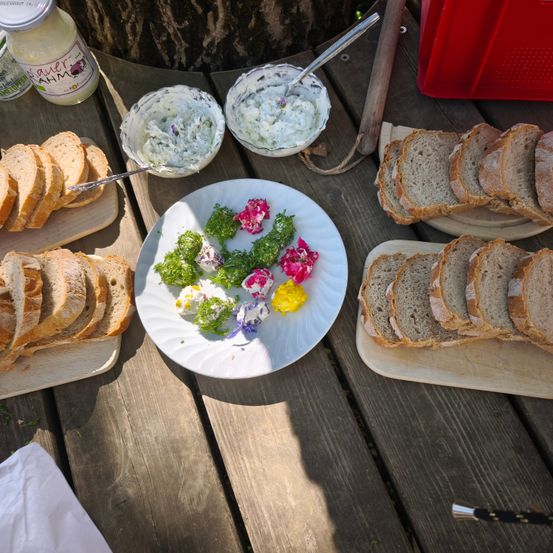 Ein Picknick-Setup mit verschiedenen Essensartikeln, darunter geschnittenes Brot, ein weißer Teller mit garniertem Essen und zwei Dip-Schalen auf Holzbrettern.