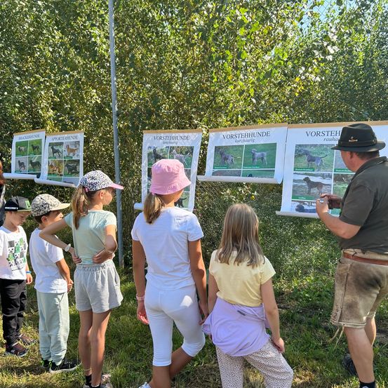 Eine Gruppe von Kindern und ein erwachsener Mann stehen um ein Poster mit Hundebildern herum. Sie stehen auf einem Grasfeld.