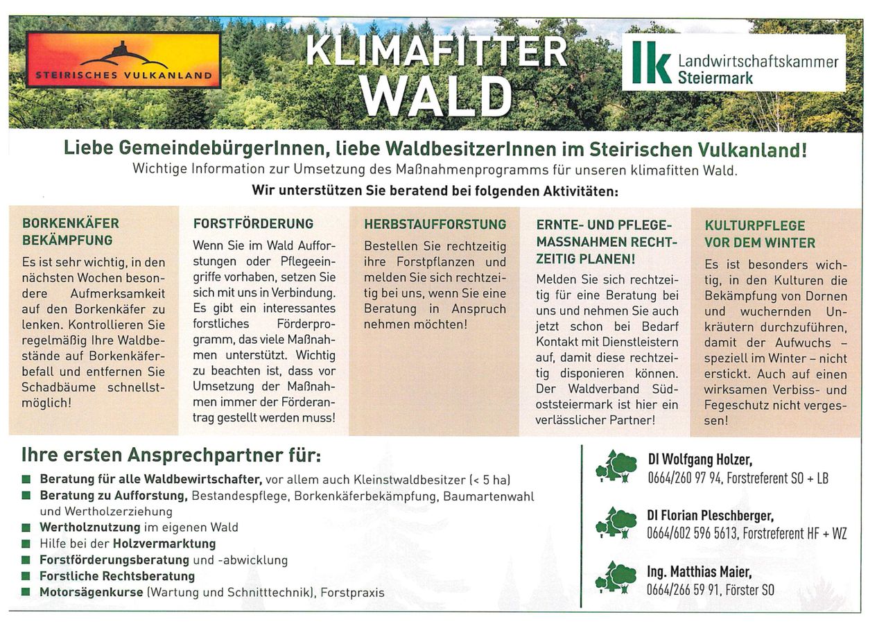 Das Bild zeigt Informationen zur Waldbewirtschaftung und Bürgerbeteiligung für den Klimaschutz in der Steiermark. Es hebt Aktivitäten wie Waldpflege, Kräuteranbau und kulturelle Waldbewirtschaftung hervor. Kontaktdaten für Berater sind angegeben.