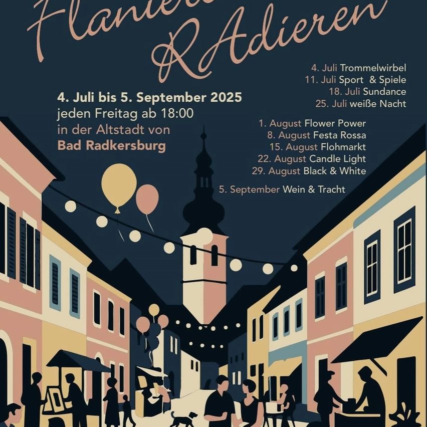 Ein Straßenfestival findet vom 4. Juli bis 5. September 2025 in der Altstadt von Bad Radkersburg statt. Die Veranstaltung beginnt jeden Freitag um 18 Uhr und bietet verschiedene Events wie Trommelwirbel, Sport und Spiele.