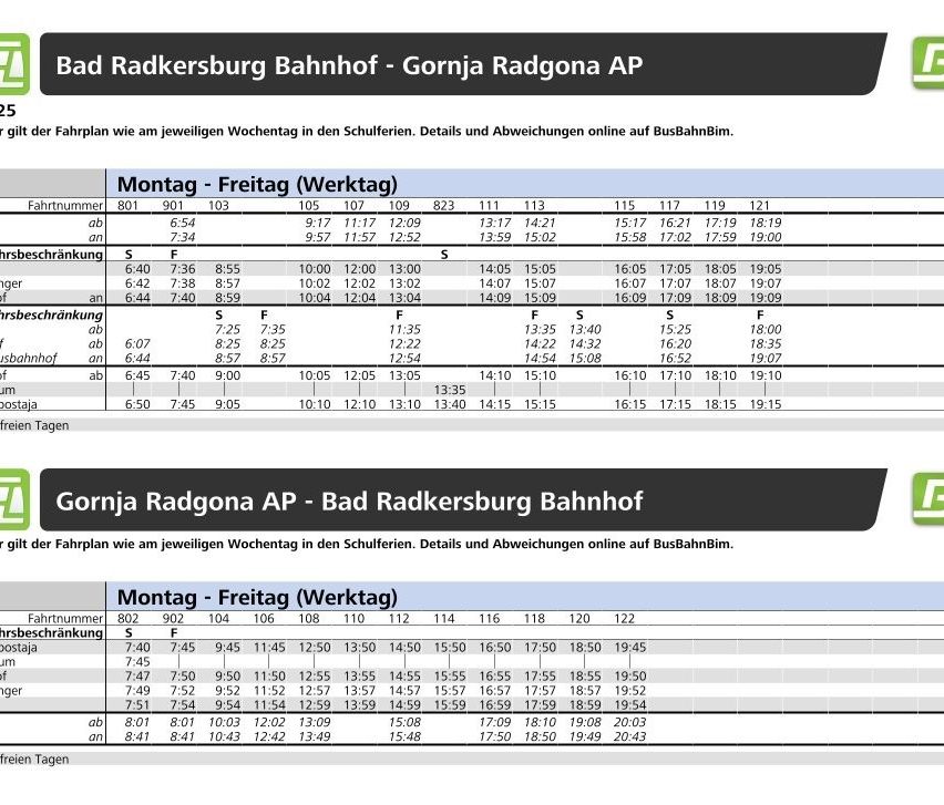 Tabelle mit Fahrplänen von Bad Radkersburg Bahnhof nach Gornja Radgona AP. Die Tabelle listet Zugnummern, Abfahrts- und Ankunftszeiten sowie Haltestellen für Wochentage auf. Details und Abweichungen sind online verfügbar.