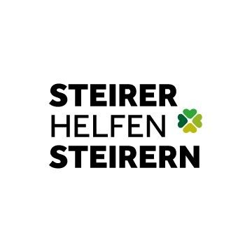 Das Logo von Steirer Helfen Steirnern zeigt den Text 'Steirer Helfen Steirnern' in fetten schwarzen Buchstaben über einem stilisierten grünen Kleeblatt-Symbol.