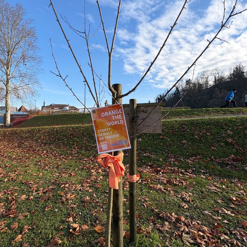 Ein kleiner Baum mit einem Schild, das Orange the World steht, steht in einem Grasbereich mit gefallenen Blättern. Eine Person joggt auf einem Pfad im Hintergrund.