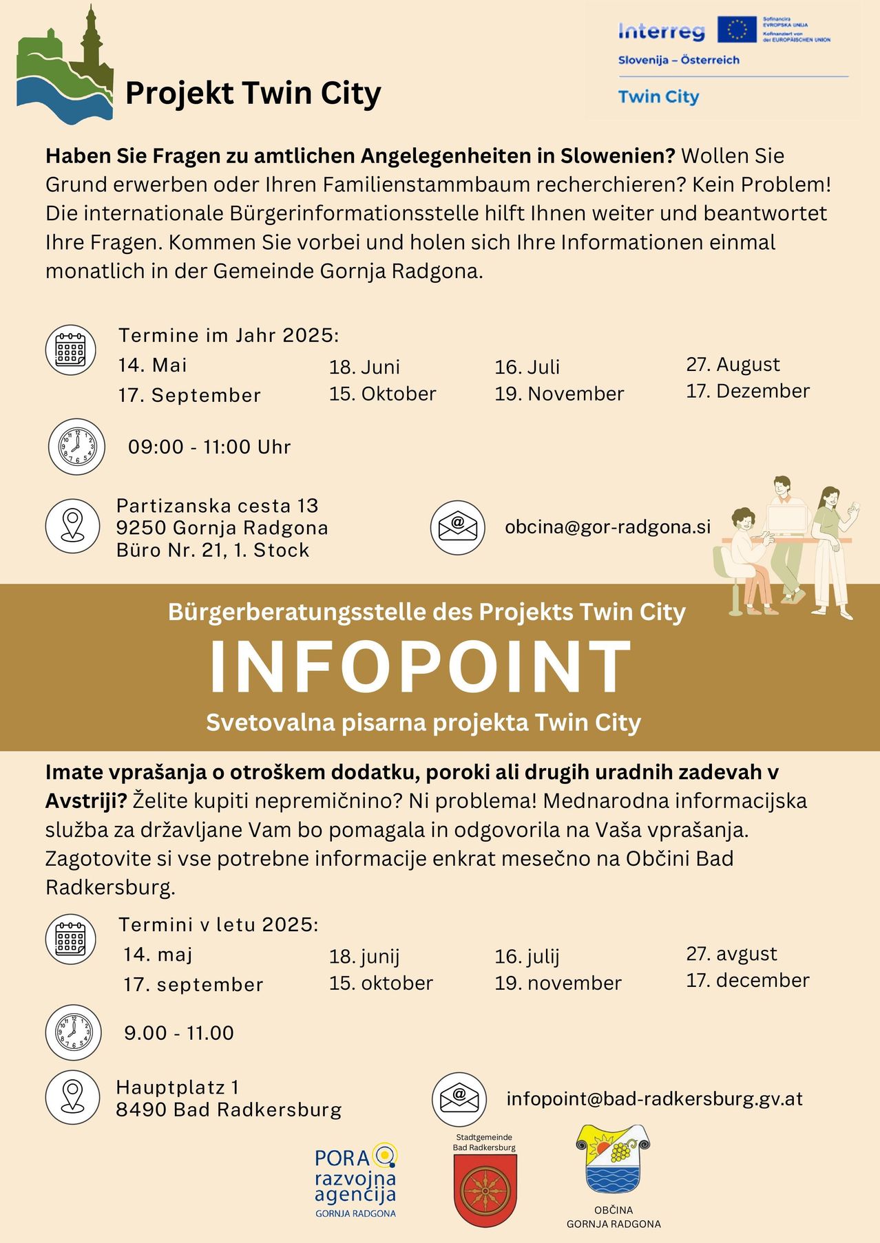 Plakat für den Infopunkt des Twin City Projekts in Gornja Radgona, Slowenien. Es zeigt Termine, Zeiten und eine Kontakt-E-Mail. Das Plakat zeigt ein Bild von Menschen bei der Zusammenarbeit.