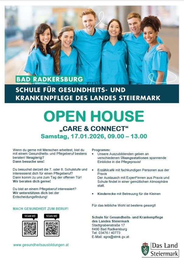 Ein Werbeplakat für die Open House-Veranstaltung an der Schule für Gesundheits- und Krankenpflege in Bad Radkersburg, Österreich. Es lädt Einzelpersonen ein, die Gesundheits- und Pflegeberufe zu erkunden, mit einem Zeitplan und verschiedenen Aktivitäten.