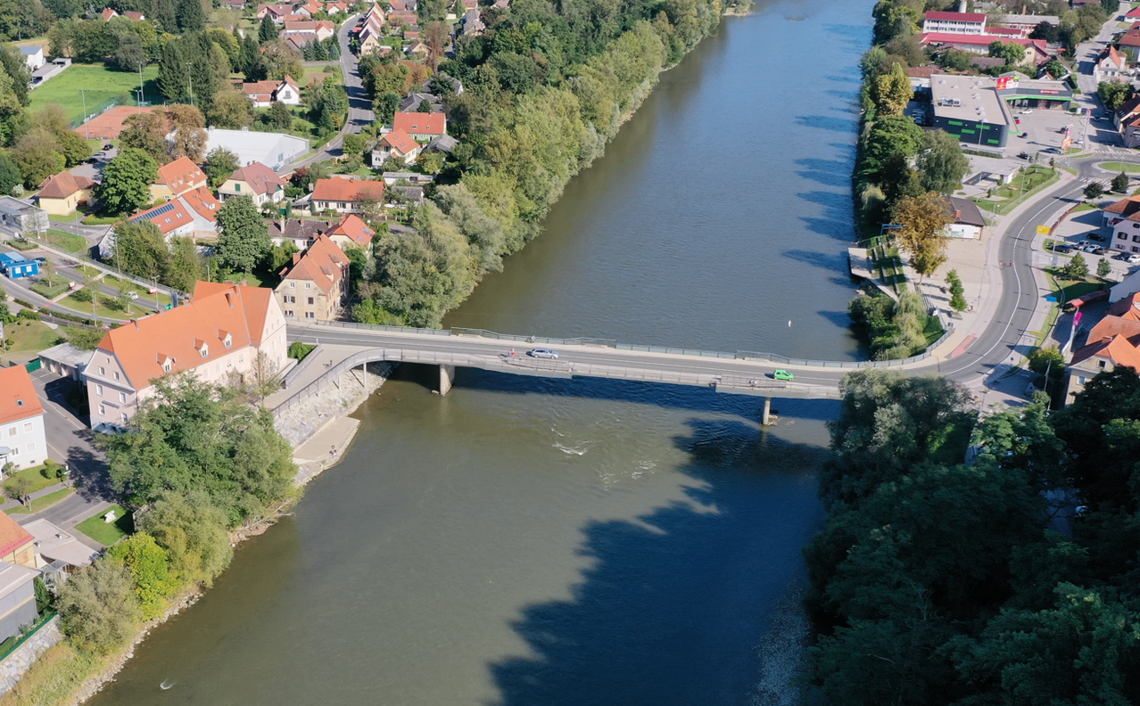Aerial view of a bridge over a river with cars and people walking, surrounded by houses and trees.