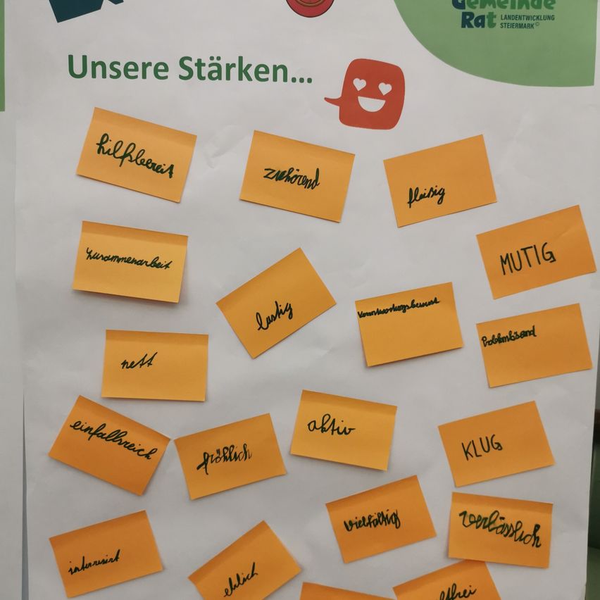 A poster with a smiley face and hearts, surrounded by sticky notes with handwritten words like 'hilfreich', 'mutig', 'ehrlich'. The poster is white with a green border, and the notes are orange.