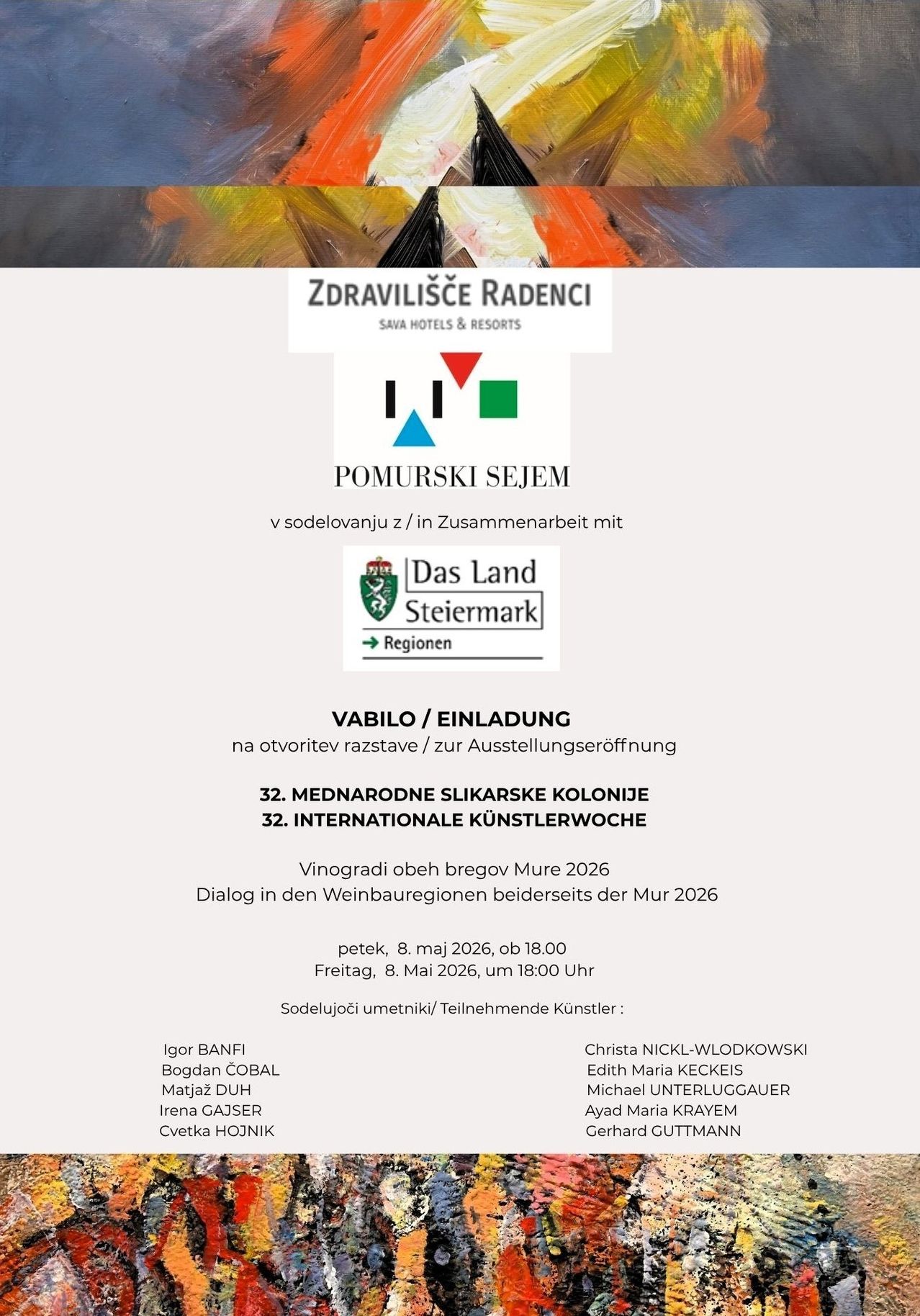 International artist colony event in Mur wine regions in 2026. Collaboration between Zdravilisce Radenci and Pomurski Sejem. Opening on May 8, 2026 at 6 PM. Artists include Igor Banfi, Bogdan Cobal, and others.