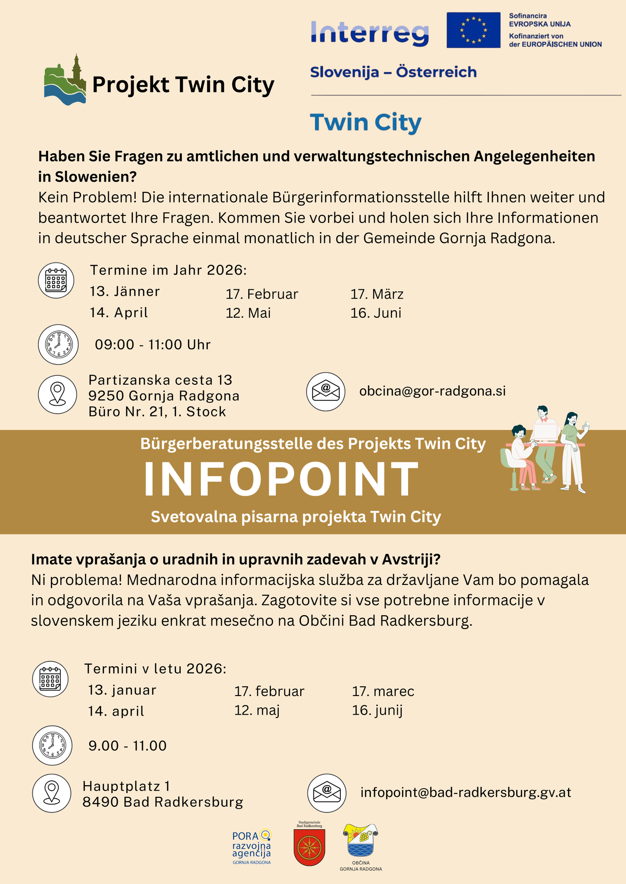 An informational poster with dates and times for the international citizens' information point in Slovenia. It provides contact information and invites citizens to visit the Gornja Radgona office for help with administrative matters.