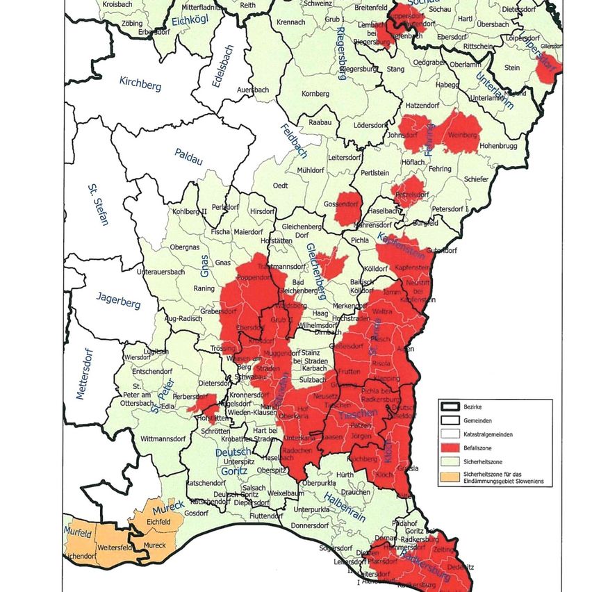 The map shows different regions and municipalities in a geographic area. Various regions are color-coded, indicating categories such as security zones. A legend on the right explains the color coding.