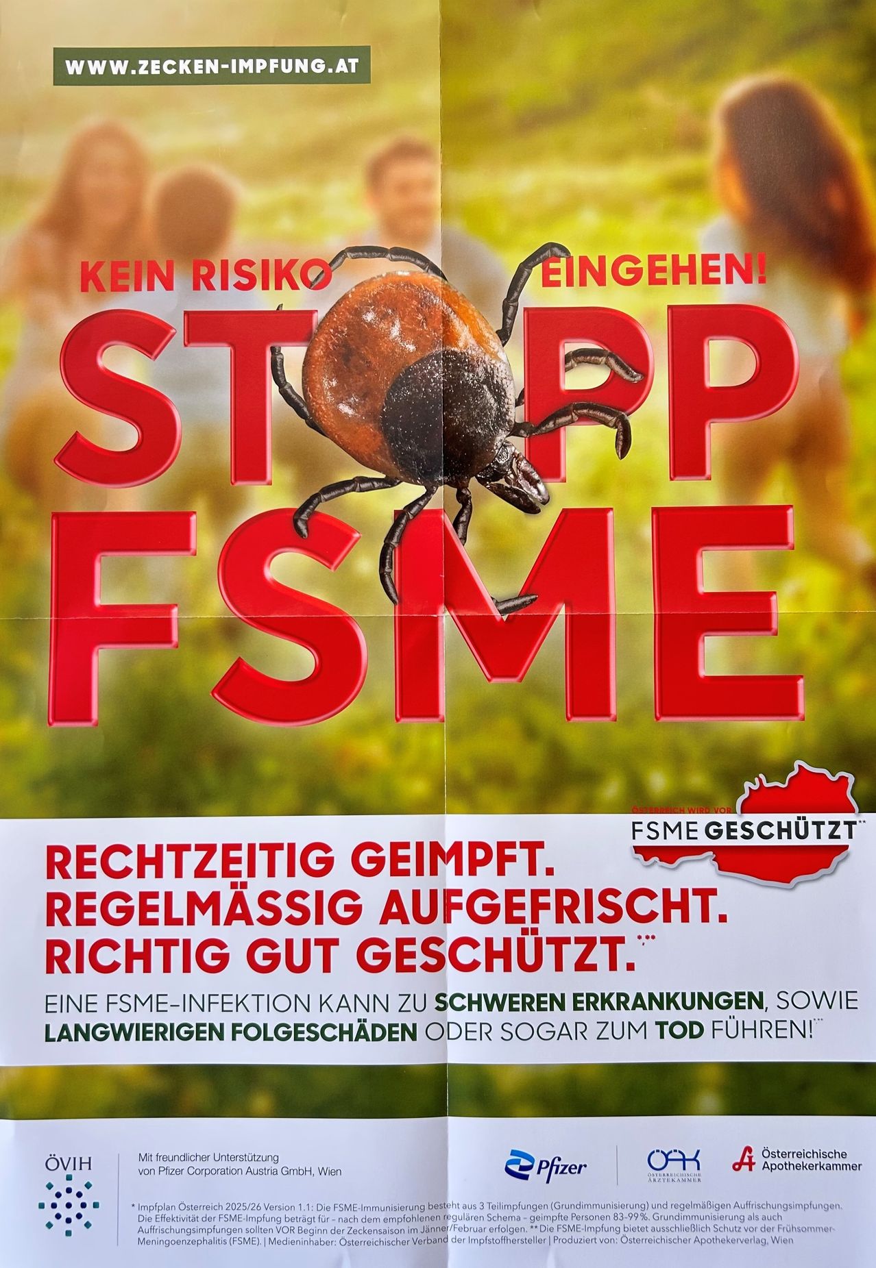 A poster shows a tick with 'STOP FSME' written in red. It highlights the importance of vaccination and protection against FSME. The poster is in German.