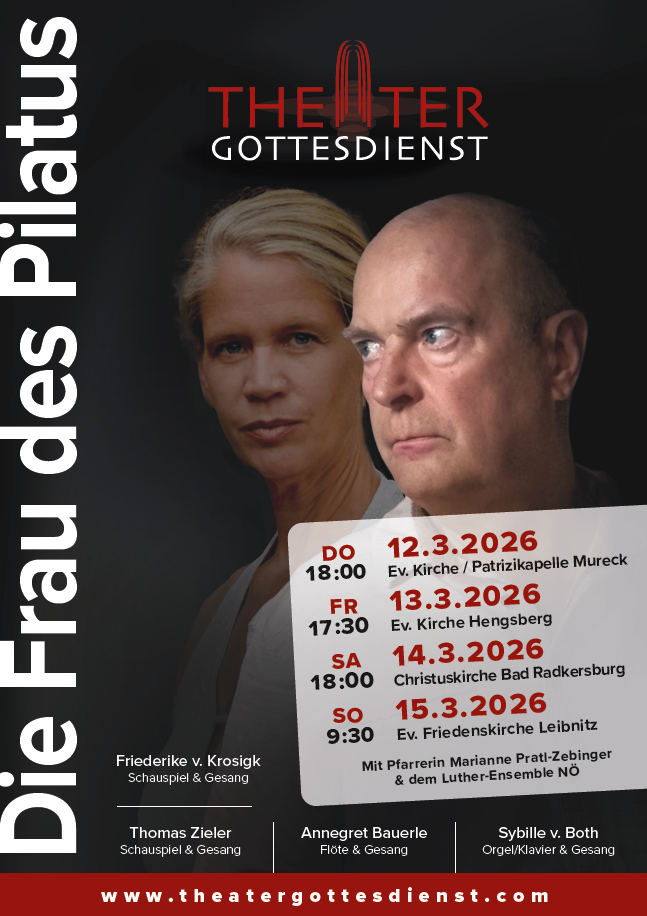 Poster for 'Die Frau des Platzes' featuring a woman and a bald man. It includes a schedule with dates and times for events at different locations.