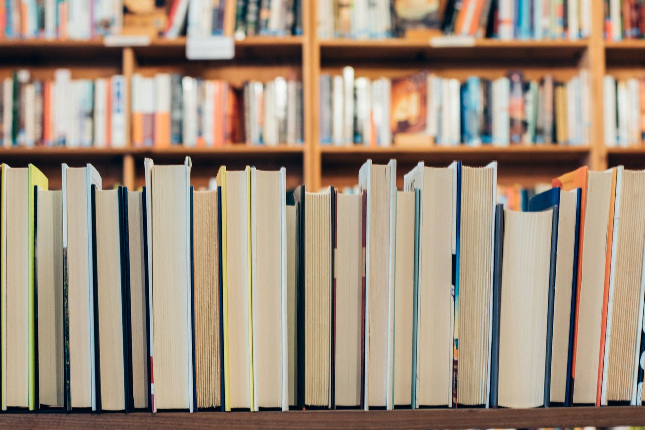 Eine Reihe von Büchern ordentlich auf einem Holzregal angeordnet, mit weiteren Regalen voller Bücher im Hintergrund.