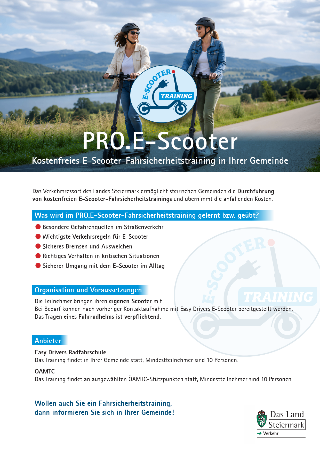 Ein Plakat, das kostenlose E-Scooter-Sicherheitstrainings in einer Gemeinde anbietet, mit zwei Personen, die E-Scooter auf einer malerischen Straße fahren. Das Plakat hebt die Vorteile und Anforderungen des Trainings hervor.