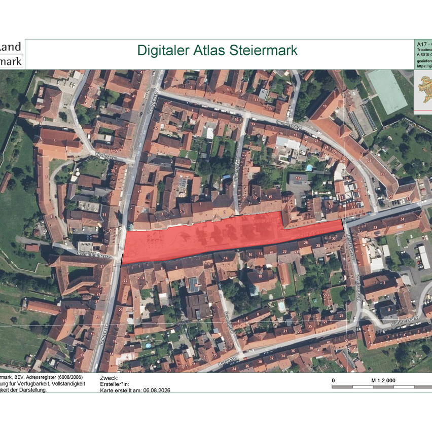 Eine Karte aus dem Digitalen Atlas der Steiermark, die eine Luftaufnahme einer Stadt mit roten Markierungen auf einem bestimmten Gebiet zeigt. Die Karte enthält einen Maßstab und einen Datumsstempel.