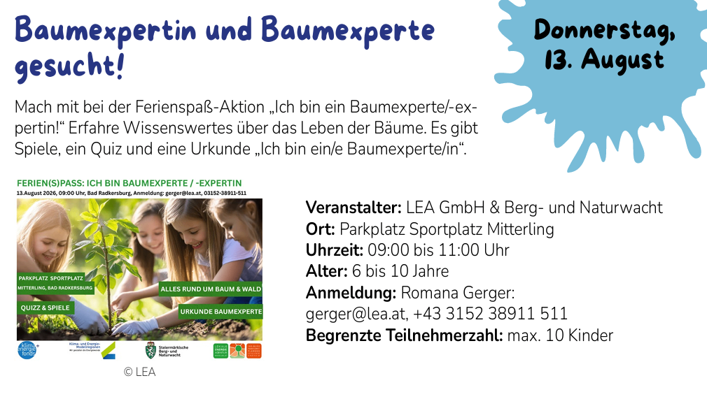 Ein Plakat für die Veranstaltung 'Baumexpertin und Baumexperte' mit Kindern, die einen Baum pflanzen. Details umfassen Datum, Uhrzeit und Kontaktinformationen.