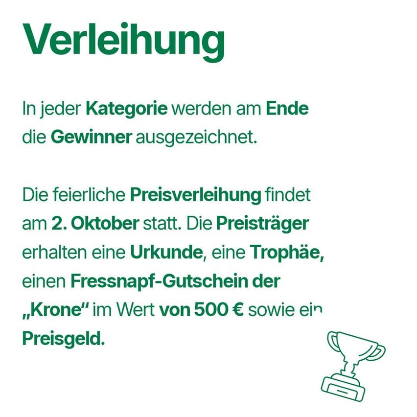 Ein Bild mit grünem Text auf weißem Hintergrund kündigt eine festliche Preisverleihung am 2. Oktober an. Gewinner in jeder Kategorie erhalten ein Zertifikat, eine Trophäe, einen Fressnapf-Gutschein im Wert von 500€ und Preisgeld.