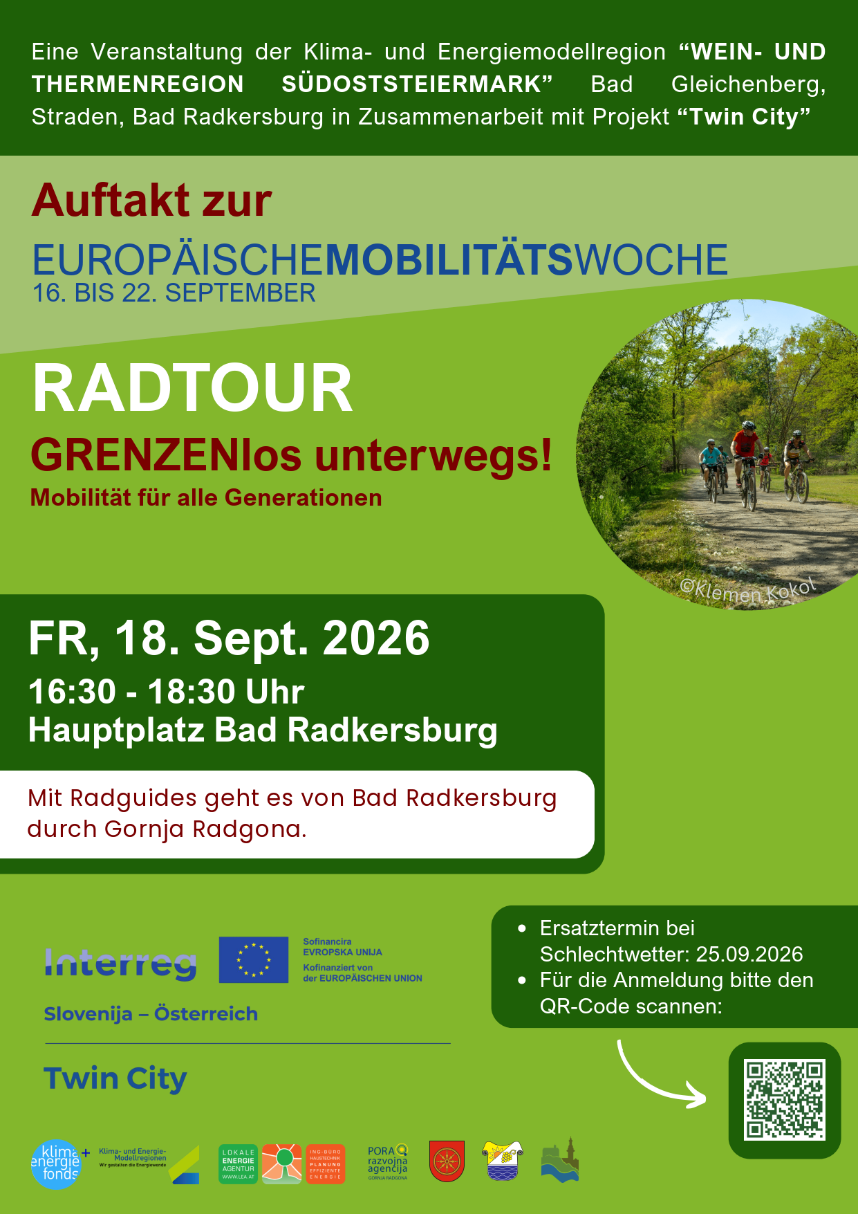 Plakat für die Europäische Mobilitätswoche mit einer Fahrradtour. Es zeigt eine Gruppe von Radfahrern auf einem Pfad mit Bäumen und Grün. Die Veranstaltung heißt 'Radtour Grenzenlos unter Wegs!' und ist für den 18. September 2026 geplant.