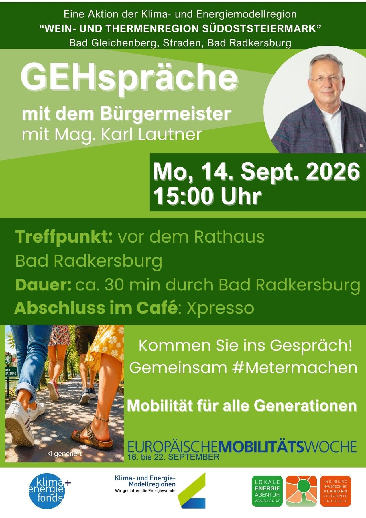 Plakat für ein Treffen mit Bürgermeister Karl Lautner am 14. September 2026 um 15:00 Uhr, Beginn am Rathaus in Bad Radkersburg, Dauer ca. 30 Minuten, Ende im Café Xpresso.