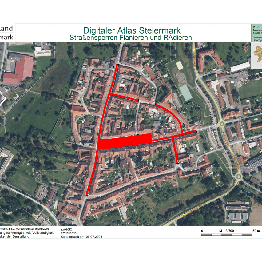 Eine Karte aus dem Digitalen Atlas Steiermark, die Bereiche mit Straßen, Radwegen und Fahrradstreifen in Rot hervorhebt. Die Karte enthält einen Maßstab und wurde am 09.07.2026 erstellt.