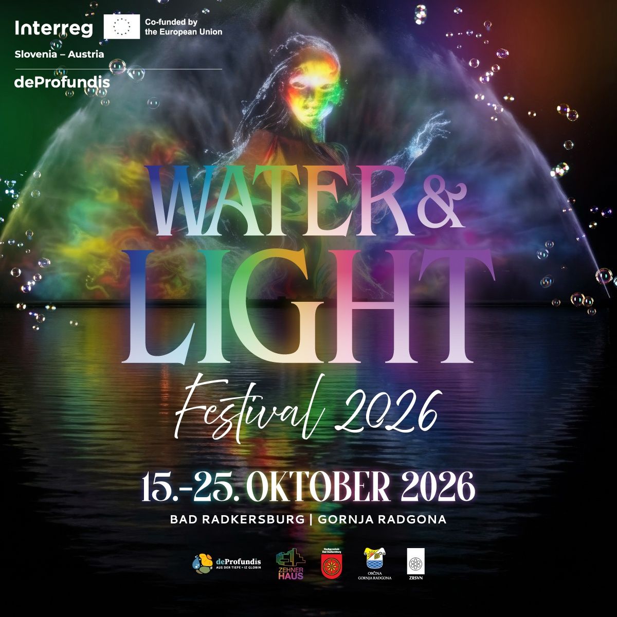 Plakat für das Wasser & Licht Festival 2026, mit einer Frau mit einem Regenbogengesicht, umgeben von Wasser- und Lichteffekten.