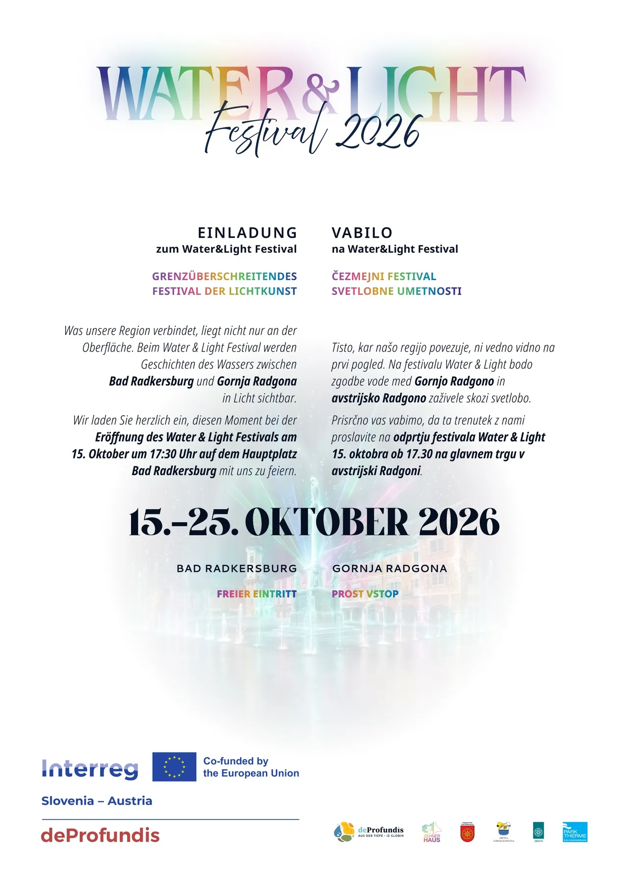 Einladung zum Water & Light Festival 2026, mit einem lebendigen Regenbogen-Hintergrund, Veranstaltungsdetails auf Deutsch und Logos von Interreg und deProfundis unten.