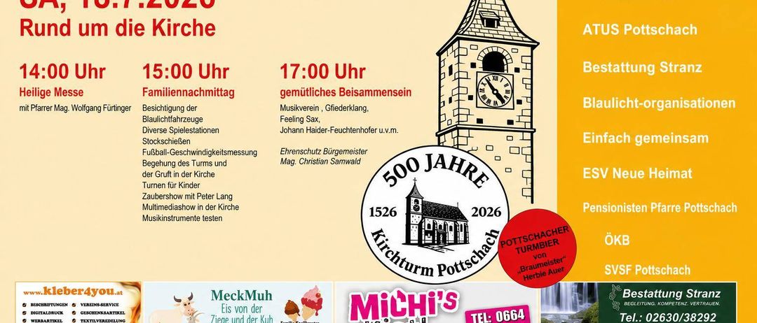 Plakat für ein Turmfest an der Kirche am 2. Juli 2026 mit einem Glockenturm. Aktivitäten umfassen Familienveranstaltungen, Musikaufführungen und ein Glockenwettbewerb.