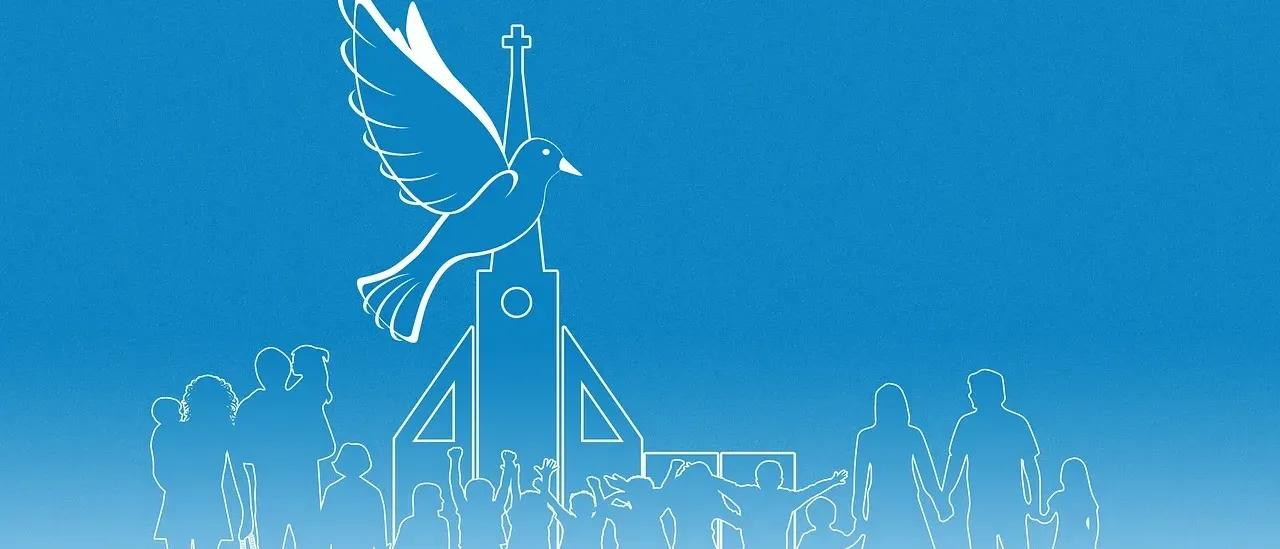 Eine blaue Illustration einer Taube, die auf dem Kirchturm mit einem Kreuz sitzt. Darunter sind Silhouetten von Familien und Kindern abgebildet, möglicherweise eine Gemeinschaft symbolisierend.