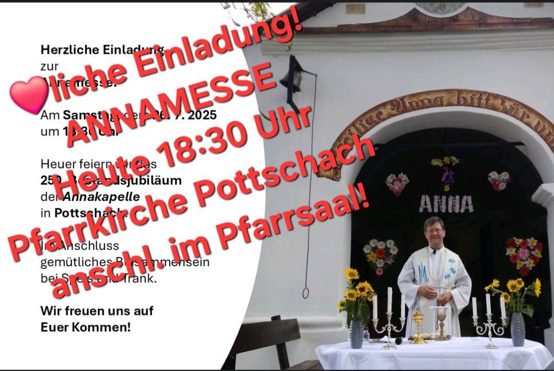 Ein Einladungsposter für eine Kirchenveranstaltung. Ein Priester steht vor dem Kircheneingang mit Blumen und Kerzen auf einem Tisch. Der Text lautet 'Einladung! Kirche Pottschach 18:30 Uhr 7.2025'.