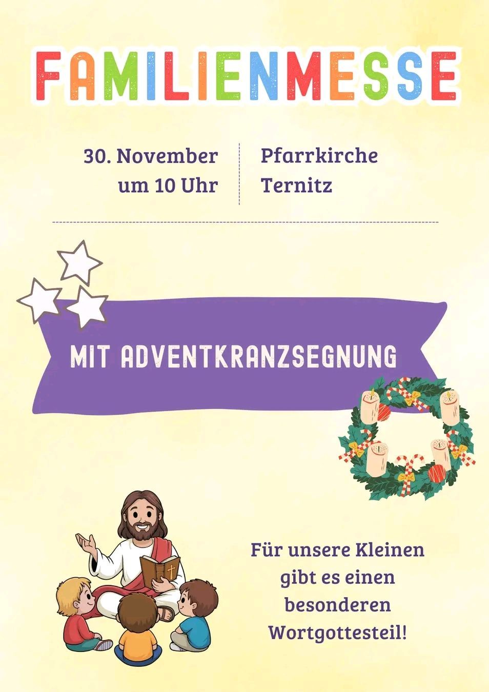 Ein Adventskranz mit Kerzen ist abgebildet. Jesus unterrichtet eine Gruppe von Kindern. Die Veranstaltung findet am 30. November um 10 Uhr in der Pfarrkirche in Ternitz statt.