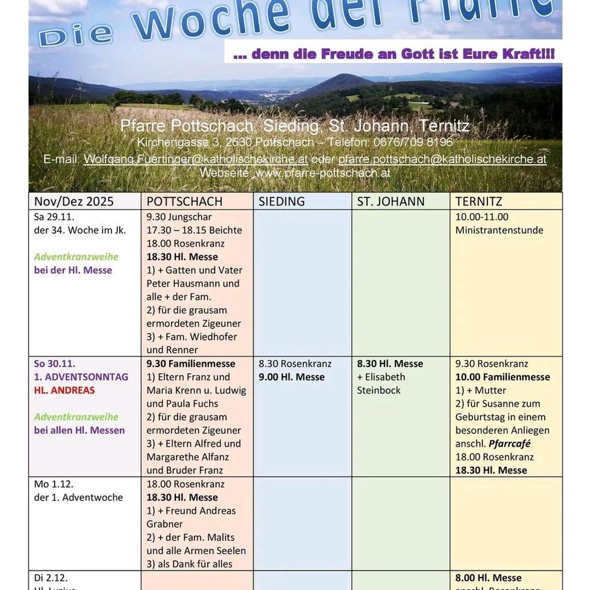 Ein Flyer für Gottesdienste in Pottschach, Sieding, St. Johann und Ternitz. Termine und Zeiten für Adventssonntag- und Familiengottesdienste sind aufgeführt, einschließlich der Namen von Personen, für die Messen angeboten werden.