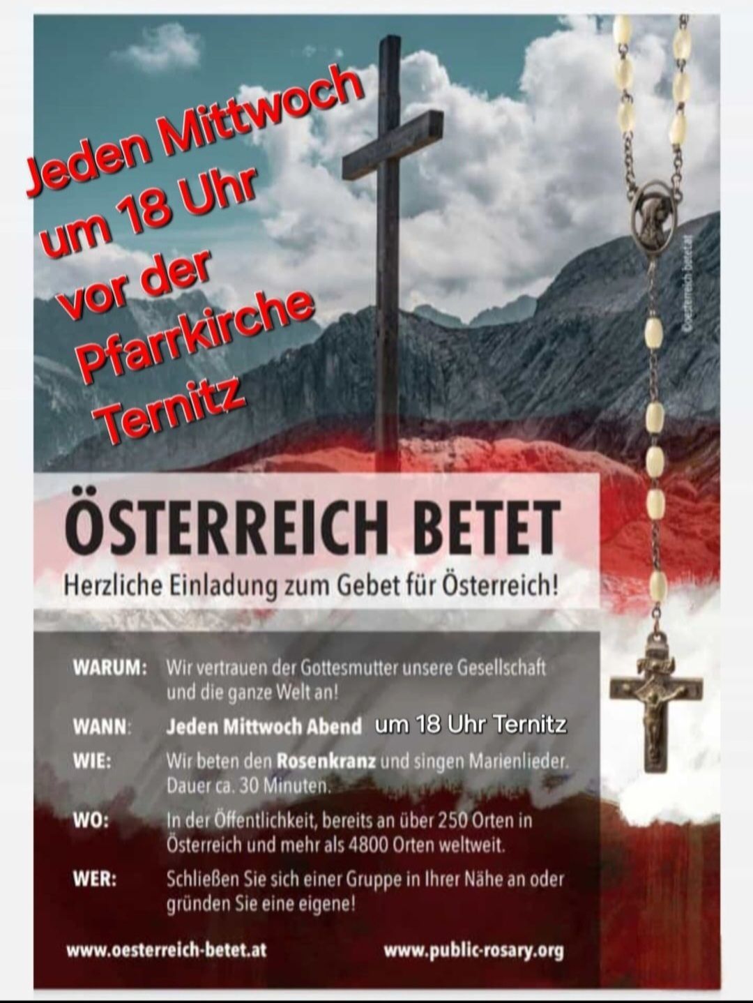 Poster für eine wöchentliche Gebetsveranstaltung in Österreich. Es zeigt ein Kreuz, Berge und eine Rosenkranzperle. Die Veranstaltung findet jeden Mittwoch um 18 Uhr statt. Es umfasst den Rosenkranz und Marienlieder.