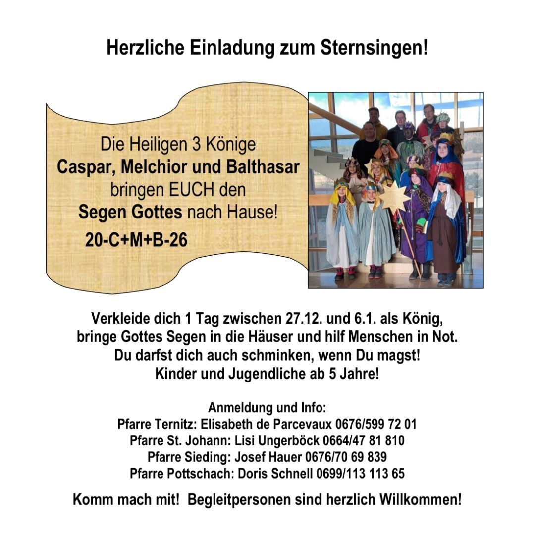 Einladungsposter für eine Sternsinger-Veranstaltung. Es zeigt ein Bild von Menschen als die drei Könige mit einem Stern. Kinder und Jugendliche ab 5 Jahren sind willkommen. Kontaktinformationen und Details werden bereitgestellt.